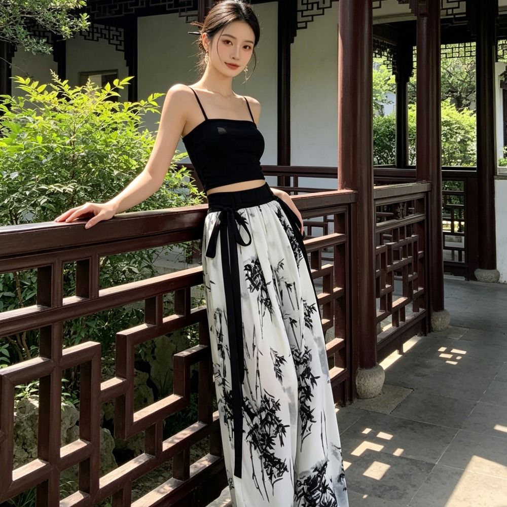 Silk Painting Dye - レトロアイスシルク水墨画カジュアルパンツ中国風絞り染めストレートパンツ夏ハイウエストパンツ春秋