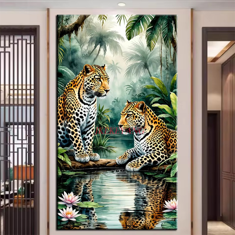 Art And Craft Jungle - 新しいジャングルの森の風景 5D DIY ダイヤモンドペインティングキット ヒョウ ライオン