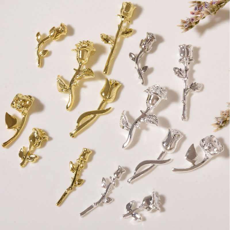 Art Craft Show - 10 個 3D ローズネイルアート飾り DIY クラフトアクリルネイルデコレーションゴールド/シルバー