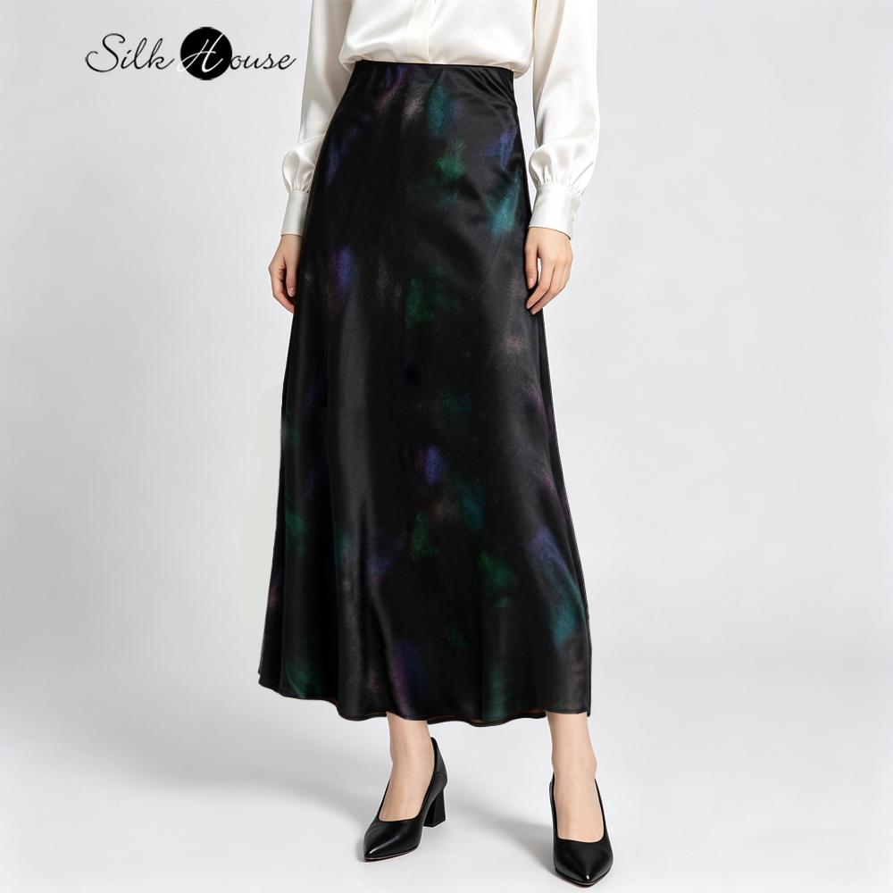 Silk Painting Dye - 絶妙なキャットアイスプレーペイントの大型スイングスカート、100%天然桑絹の香りの良い雲糸、エクステンドスラントカット、スリムテールスカート