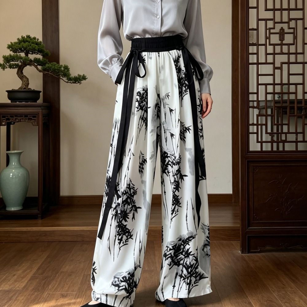 Silk Painting Dye - レトロアイスシルク水墨画カジュアルパンツ絞り染め夏ワイドレッグパンツ中国風ハイウエストパンツ日常着