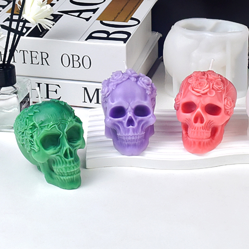 Art Craft Flower Making - ハロウィーンのスカルシリコンキャンドル型,3Dレリーフ,花の頭蓋骨工芸品,樹脂石膏,石鹸作り,家庭用,ハロウィーン用ギフト,新品