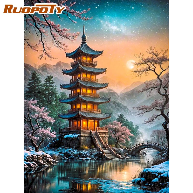 Art Craft Room Ideas - RUOPOTY パゴダダイヤモンドペインティングウォールアート DIY アイデア風景フルラウンドクラシックリビングルーム装飾 DIY 工芸品