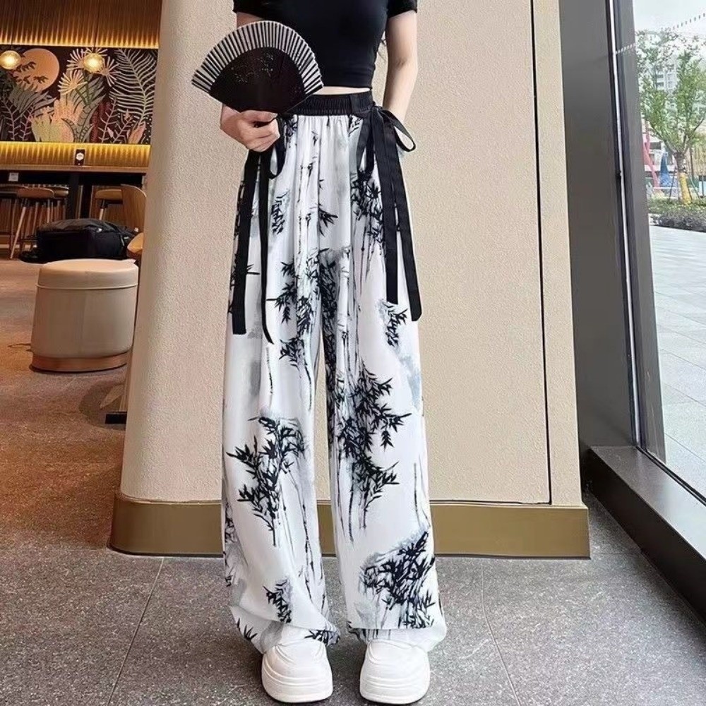 Silk Painting Dye - レトロアイスシルク水墨画カジュアルパンツ中国風絞り染めワイドレッグパンツ夏ハイウエストパンツ春秋