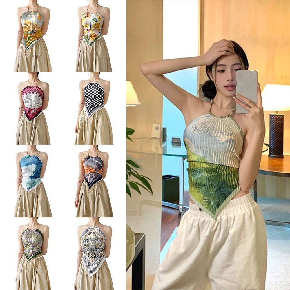 Silk Painting Dye - ファッションプリント柄バンデージラップトップバックレスY2Kノースリーブスリングベストボヘミアンタイダイシルクスカーフ女性用レディースガールズ向け
