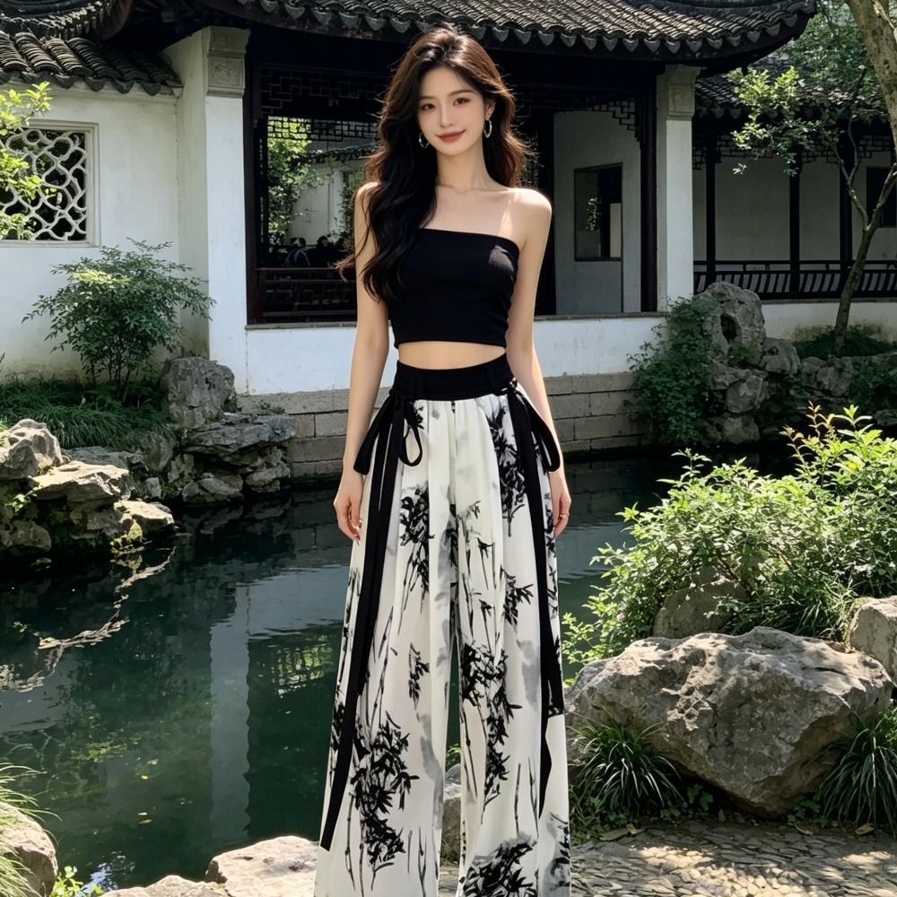 レトロアイスシルク水墨画カジュアルパンツ絞り染め夏ワイドレッ - Silk Painting Dye のレビューと価格
